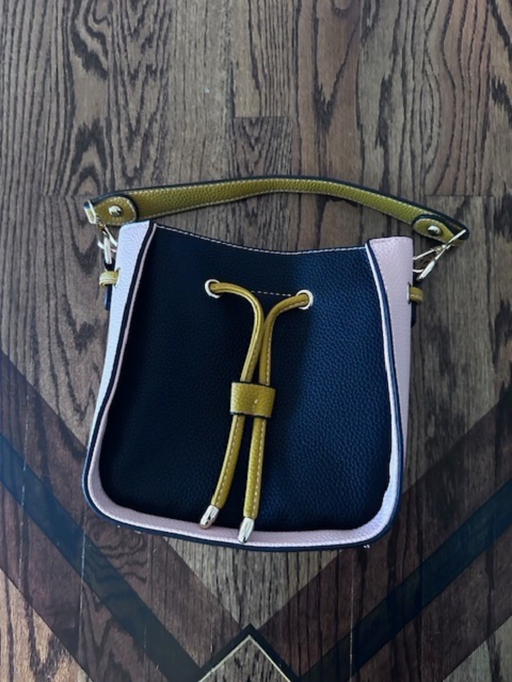 Women’s Black and Pink Colorblock Bucket Bag with Mustard Accents